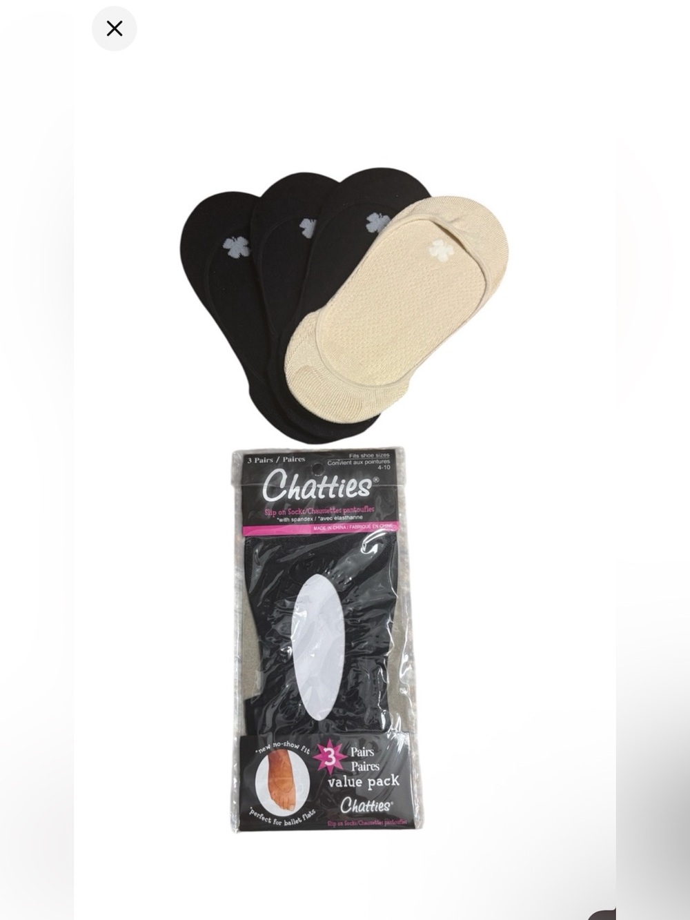 CHATTIES LOT No-Show Liner Socks in Black & Beige, 3-Pack Size 4-10 -- NWT